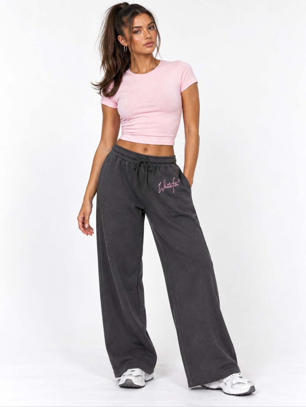 White Fox Wide Leg Sweatpants Charcoal Pink Embroidered Logo XS